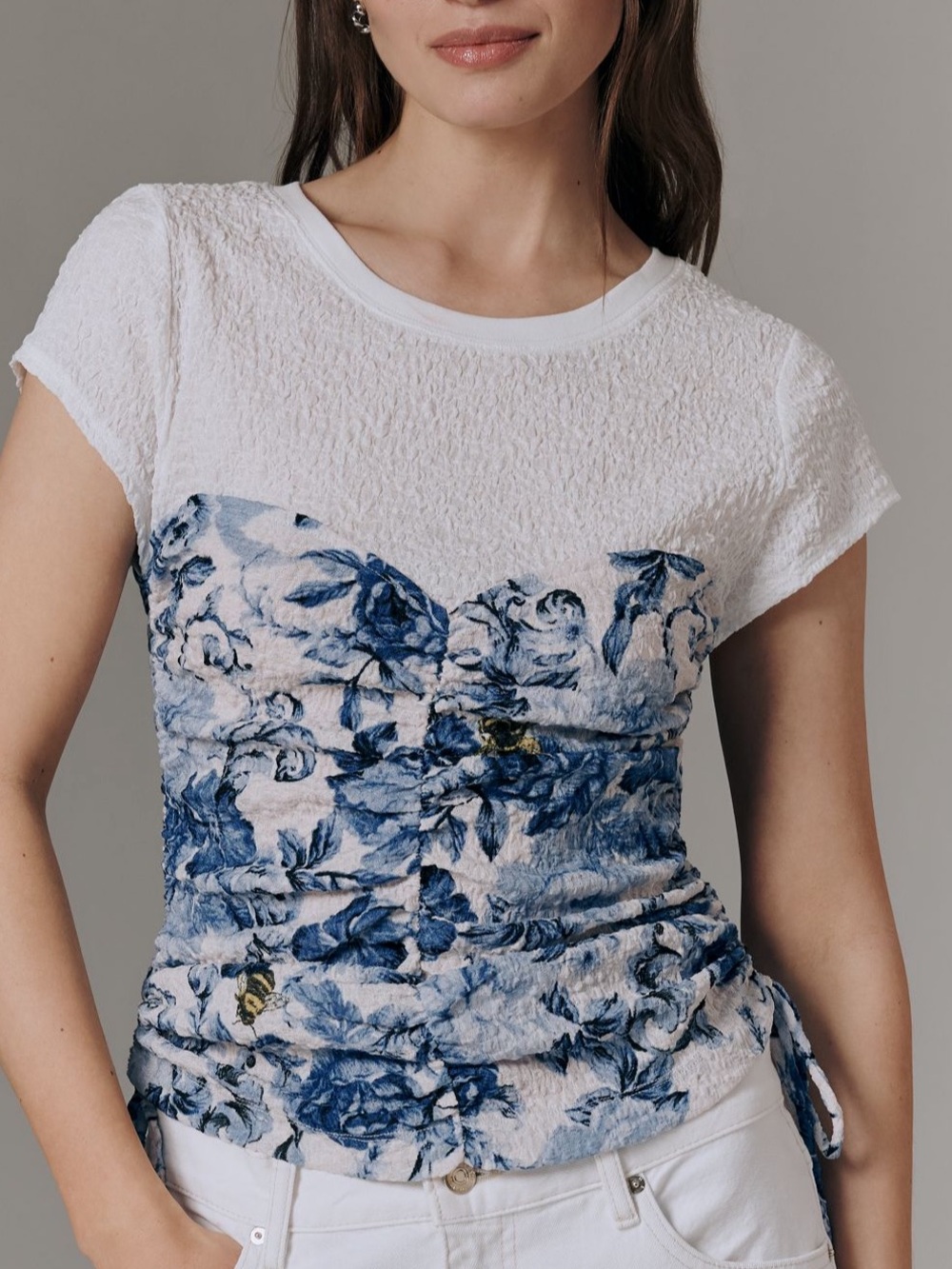 Anthropologie Maeve White Short Sleeve Top with Blue Floral Ruched Front